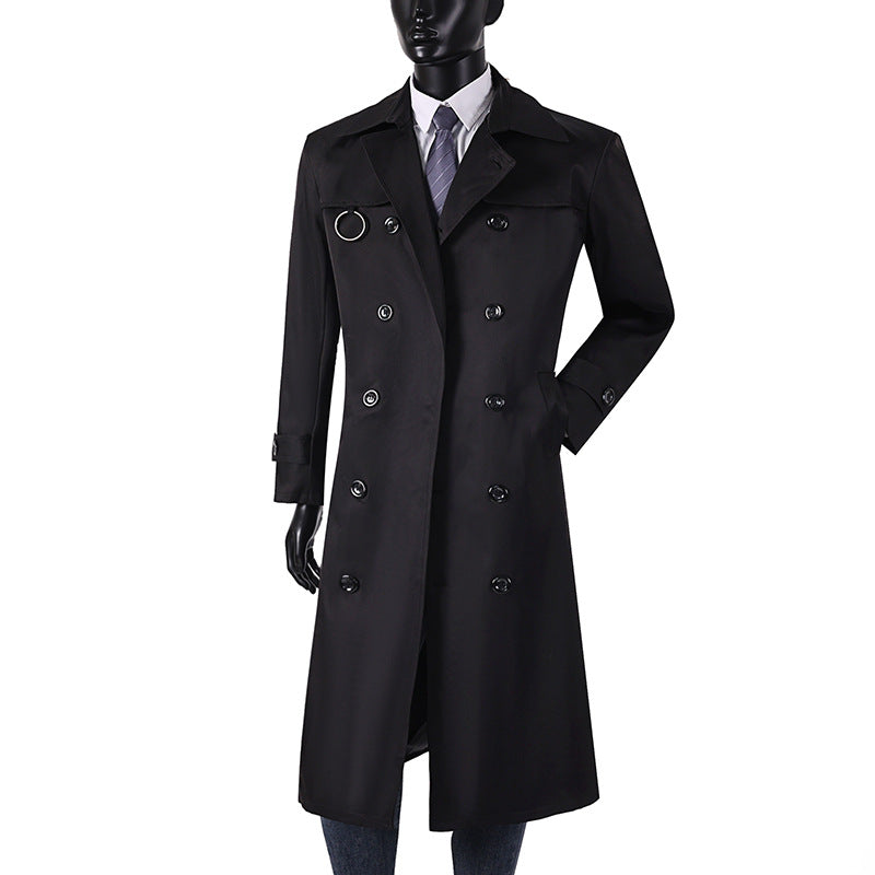 Herren Doppelreihiger Trenchcoat mit Taillierung, Reverskragen und dekorativem Metallring Echoarchiv