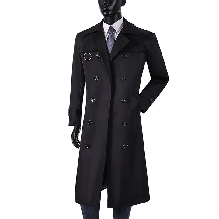 Herren Doppelreihiger Trenchcoat mit Taillierung, Reverskragen und dekorativem Metallring Echoarchiv