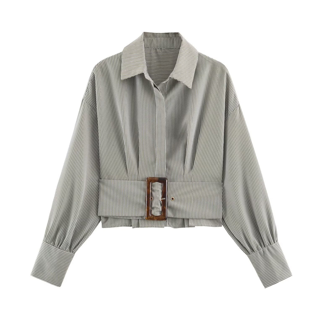 Damen Cropped Hemdbluse mit breitem Taillenriegel und Oversize-Ärmeln Echoarchiv