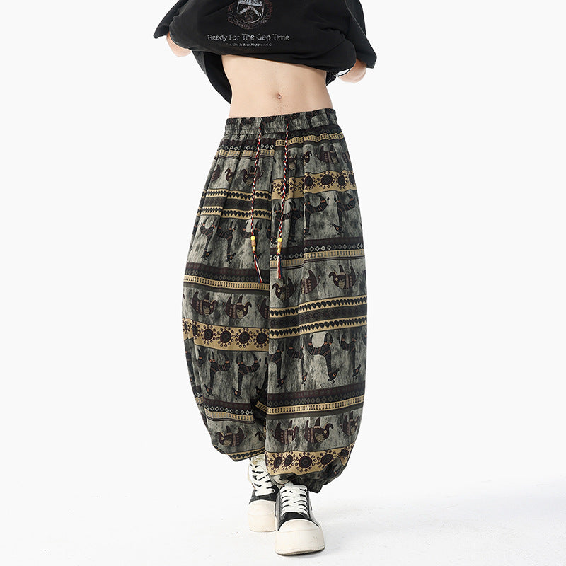 Damen Weite Boho-Haremshose aus Baumwollmix mit elastischem Bund und Ethno-Print Echo Archiv