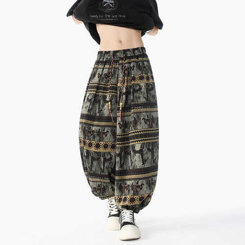 Damen Weite Boho-Haremshose aus Baumwollmix mit elastischem Bund und Ethno-Print Echo Archiv