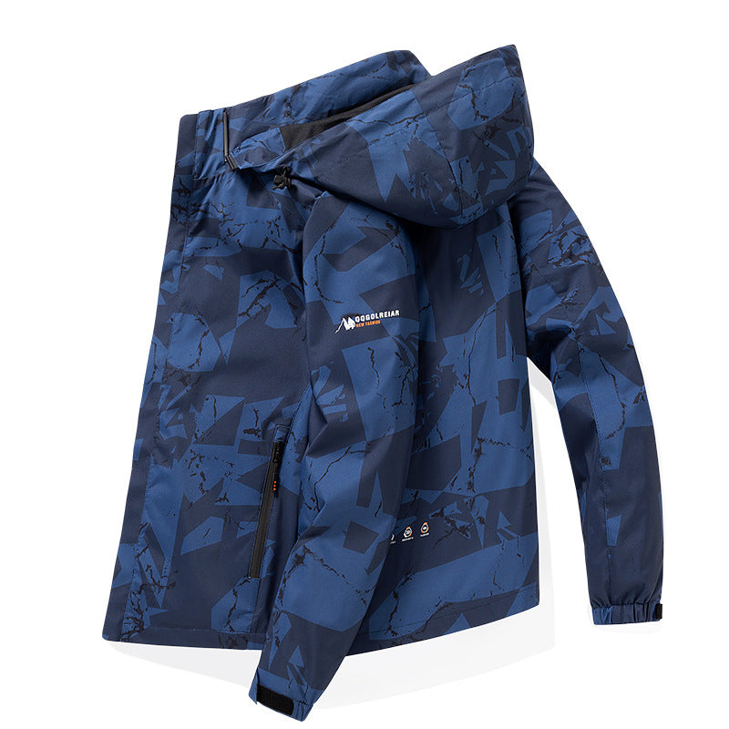 Herren Wasserabweisende Kapuzen-Softshell‑Übergangsjacke mit Camouflage‑Marmorprint, verstellbarem Saum & Reißverschlusstaschen Echoarchiv