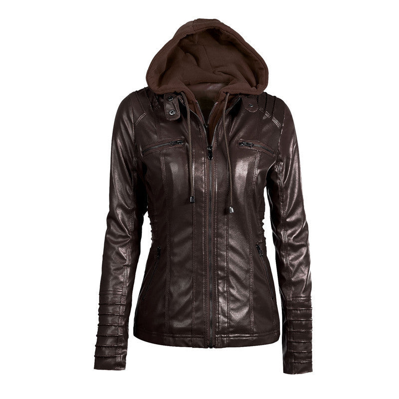 Damen Slim-Fit Kunstlederjacke mit Kapuze, Steppärmeln und Reißverschlusstaschen Echoarchiv