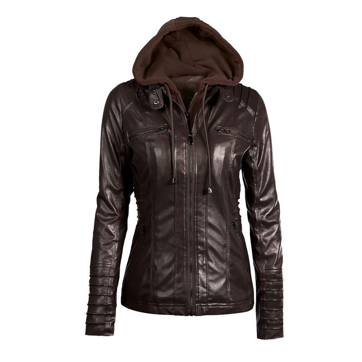 Damen Slim-Fit Kunstlederjacke mit Kapuze, Steppärmeln und Reißverschlusstaschen Echoarchiv