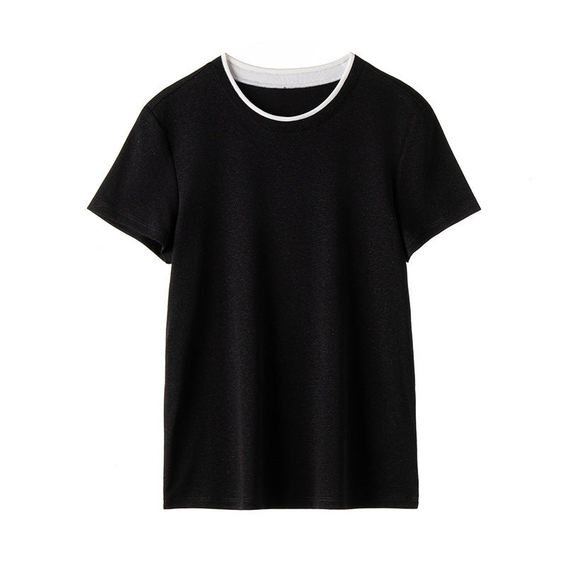 Damen Feines geripptes Kurzarm-T-Shirt aus stretchigem Baumwoll-Modal mit Rundhals Echo Archiv