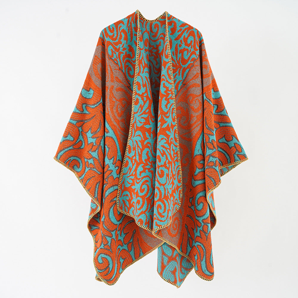 Damen Ornamentaler Jacquard-Capeponcho mit offenem Fall und kastiger Silhouette Echo Archiv