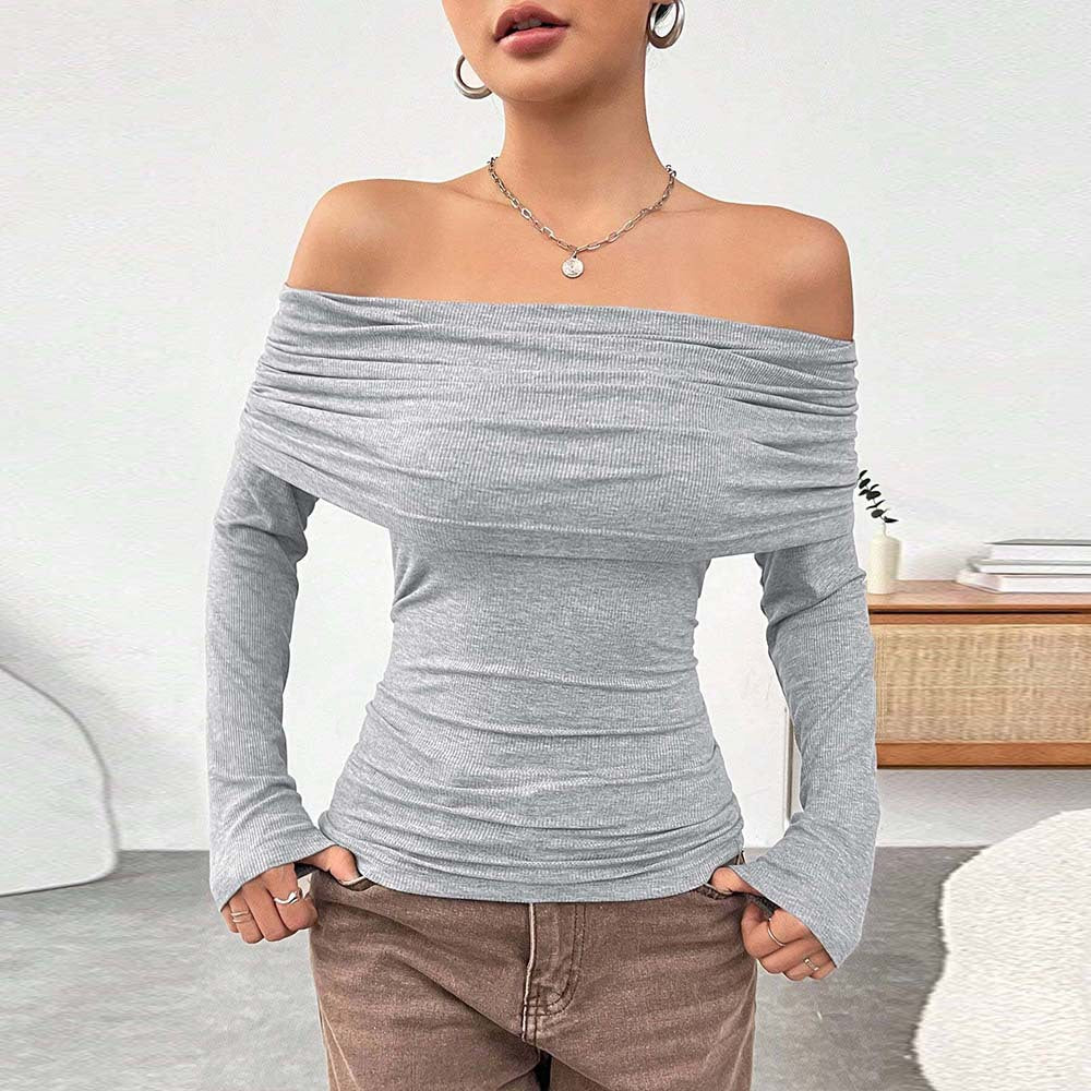 Damen eng anliegendes Off-Shoulder Rippstrick-Longsleeve mit gerafftem Wasserfall-Ausschnitt und Daumenloch – Avérine
