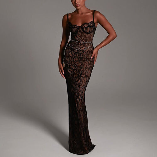 Damen Elegantes Spitzenmaxikleid mit tiefem Ausschnitt und enganliegender Silhouette Echo Archiv