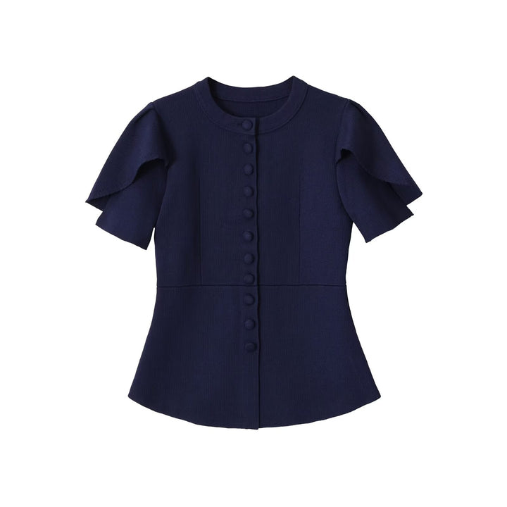 Damen Taillierte Stretch-Strickbluse mit verdeckten Stoffknöpfen und doppelten Volantärmeln Echo Archiv