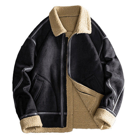 Men's shearling-style lined suede-effect bomber jacket with leather-effect seam trim – Brevano