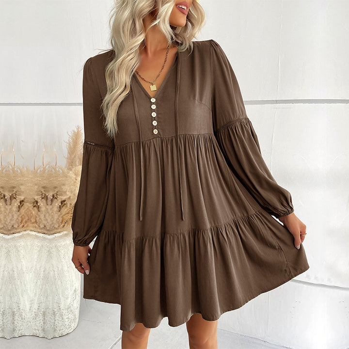 Damen Weiches Stufen-Minikleid mit V-Ausschnitt, Knopfleiste und Ballonärmeln Echoarchiv