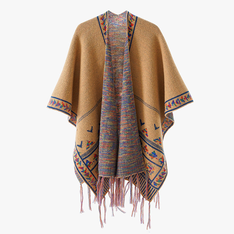 Damen Grobstrick-Poncho mit eingewebter Ethno‑Bordüre und Fransen Echo Archiv