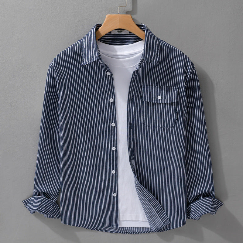 Herren Leichtes gestreiftes Hemdjacken-Overshirt aus Baumwoll-Leinenmix mit Brusttasche Echoarchiv