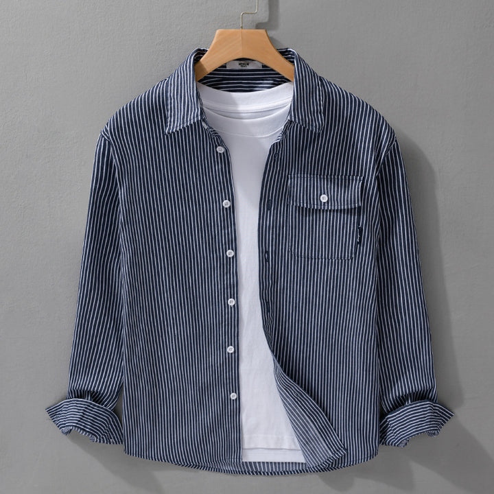 Herren Leichtes gestreiftes Hemdjacken-Overshirt aus Baumwoll-Leinenmix mit Brusttasche Echoarchiv