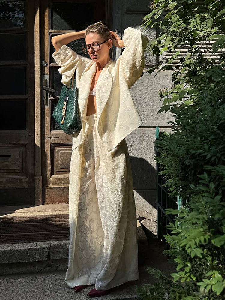 Damen Zweiteiliges Jacquard-Hosen-Set mit Oversize-Boxy-Blazer und hochgeschnittener Palazzo-Hose Echoarchiv