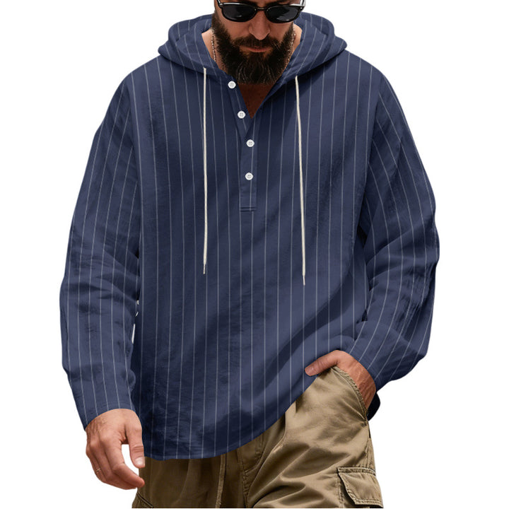 Herren Lässiges Kapuzen-Henleyshirt mit feinen Nadelstreifen und Knopfleiste Echoarchiv