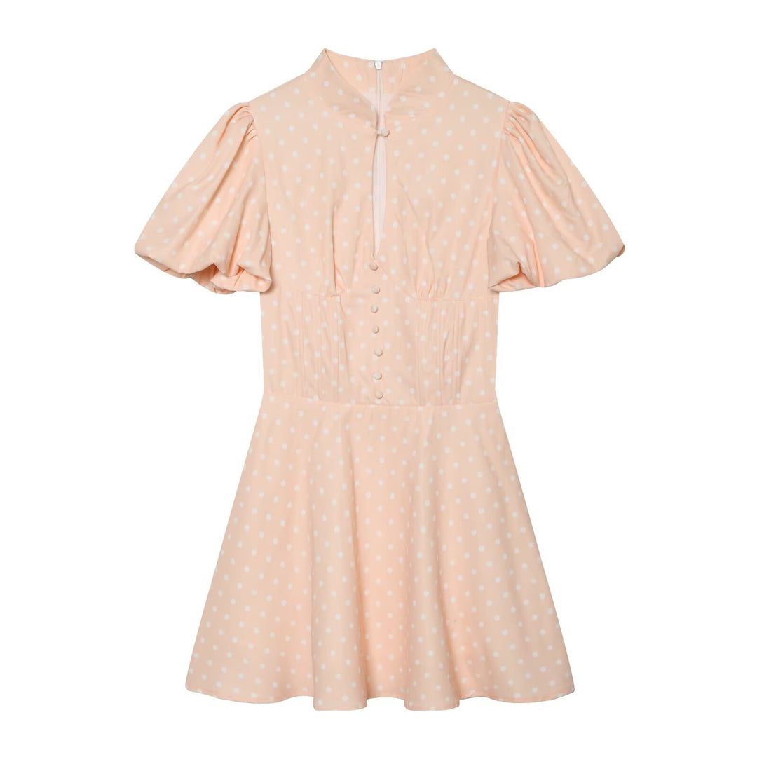 Damen Gepunktetes A‑Linien‑Kleid mit Stehkragen, Taillierung und Ballonärmeln Echo Archiv