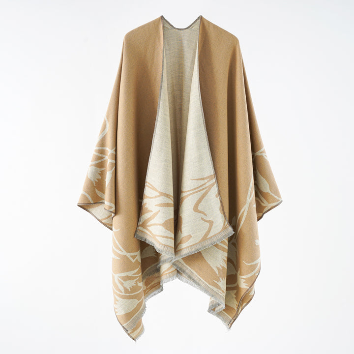 Damen Wendbarer Oversize-Capeponcho aus Wollmix mit floraler Jacquardwebung Echo Archiv