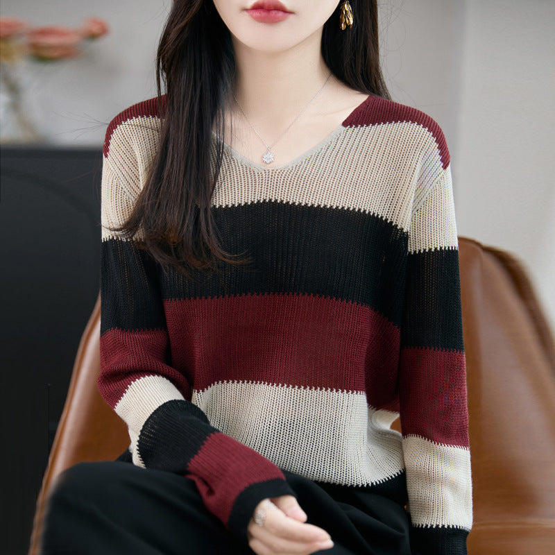 Damen Leichter V-Ausschnitt Feinstrickpullover mit breiten Blockstreifen und entspannter Passform Echoarchiv