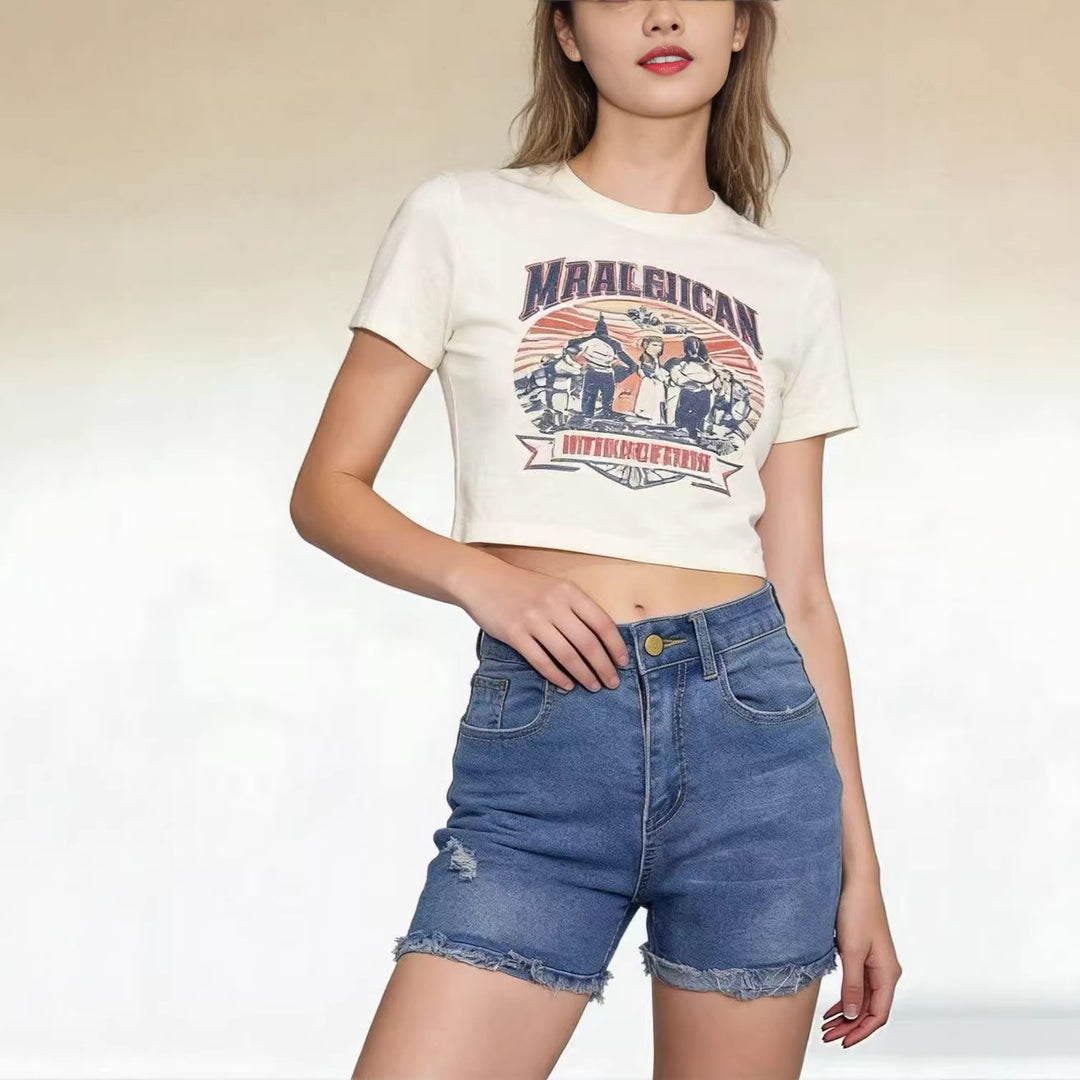 Damen lässige High-Waist Denim-Shorts mit Fransen und modischen Destroyed-Details Echo Archiv