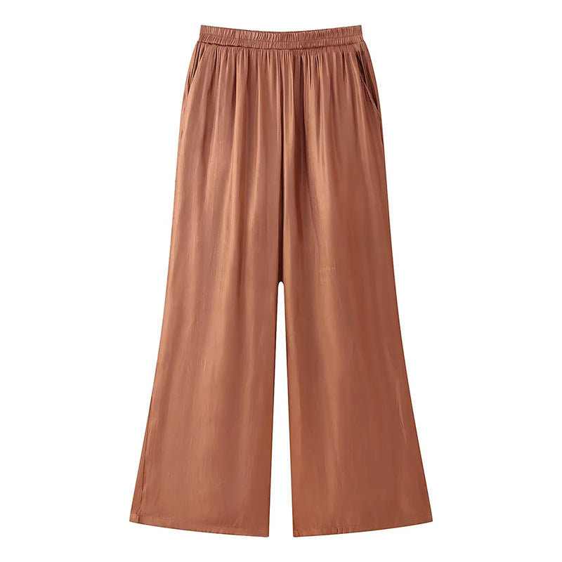 Damen seidiges Zweiteiler-Set mit Hemdbluse, Taillenband und weitem Palazzo-Hose – Élanora