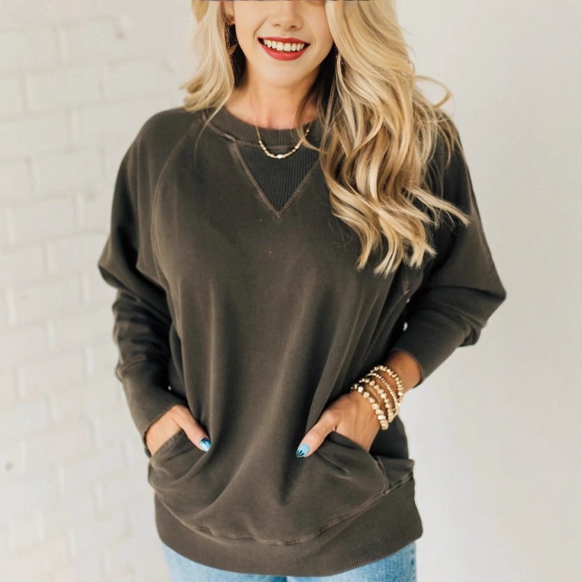 Damen Oversize Baumwoll-Sweatshirt mit V‑Stitch, Rippbündchen und Seitentaschen Echoarchiv