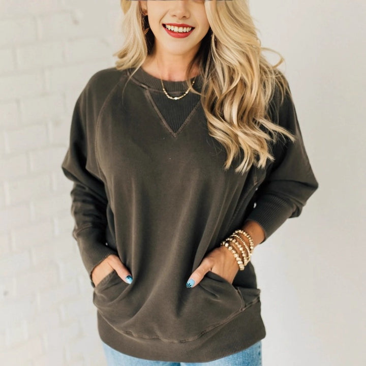 Damen Oversize Baumwoll-Sweatshirt mit V‑Stitch, Rippbündchen und Seitentaschen Echoarchiv