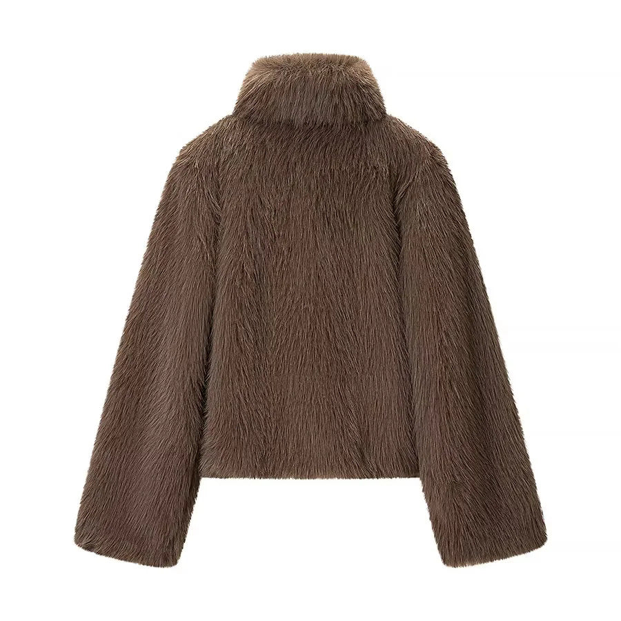 Damen kurzem veganer Kunstfell-Croppedjacke mit hohem Stehkragen und verdeckter Front – Célinea