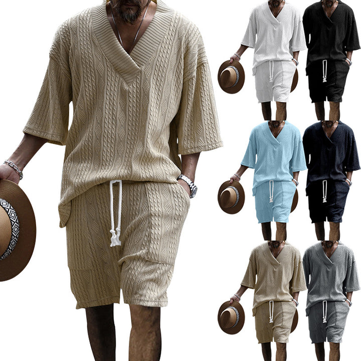 Herren Lässiges Strickshorts-Set mit V-Ausschnitt und atmungsaktiver Struktur Echoarchiv