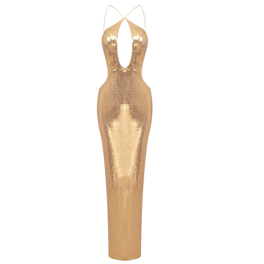 Damen Elegantes Abendkleid mit tiefem V-Ausschnitt und schimmerndem Material Echo Archiv