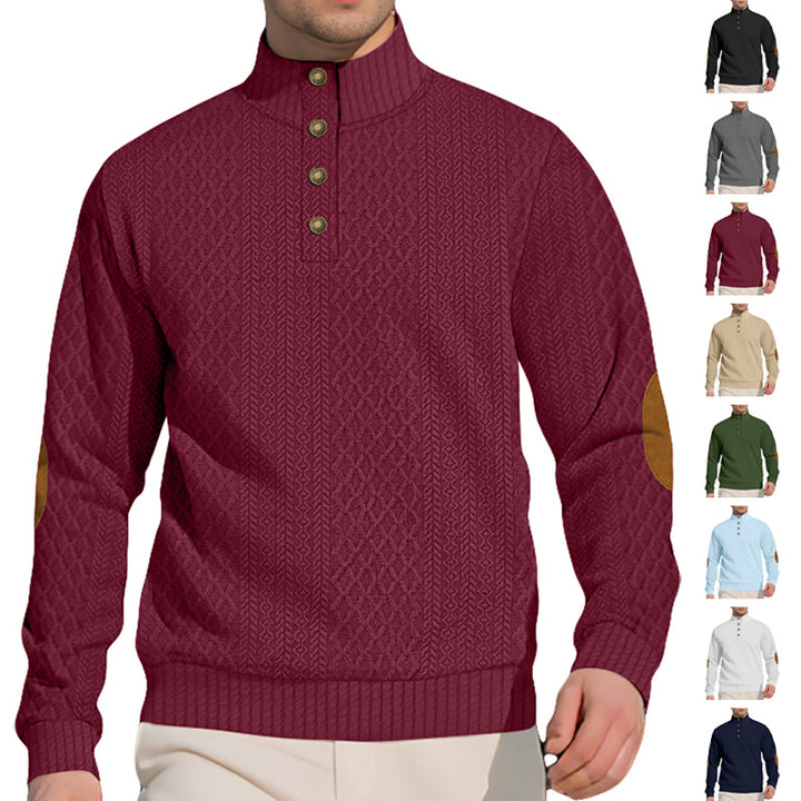 Herren nan edler Knopfsweater im Zopfmuster mit hohem Stehkragen und Wildleder-Ellenbogenpatches Echo Archiv