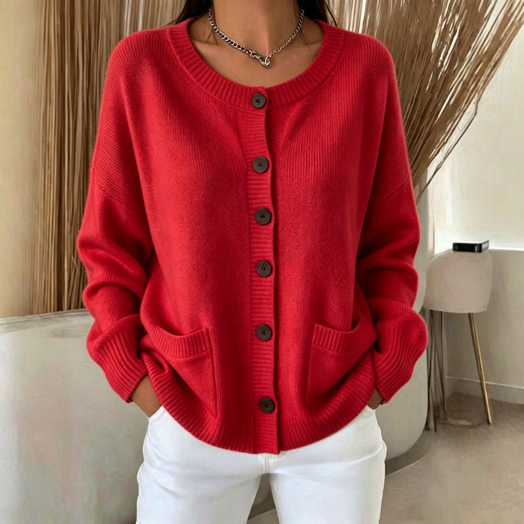 Damen Knopf-Cardigan mit Rundhals, aufgesetzten Taschen und Raglanärmeln – Veloura