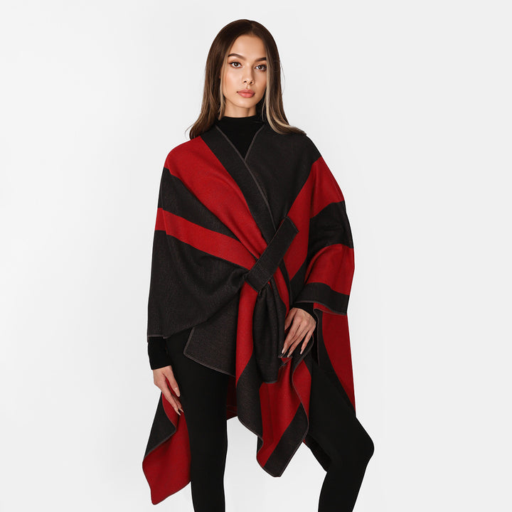 Damen Wickel‑Cape mit breitem Streifenmuster und Bindegürtel – Avérine