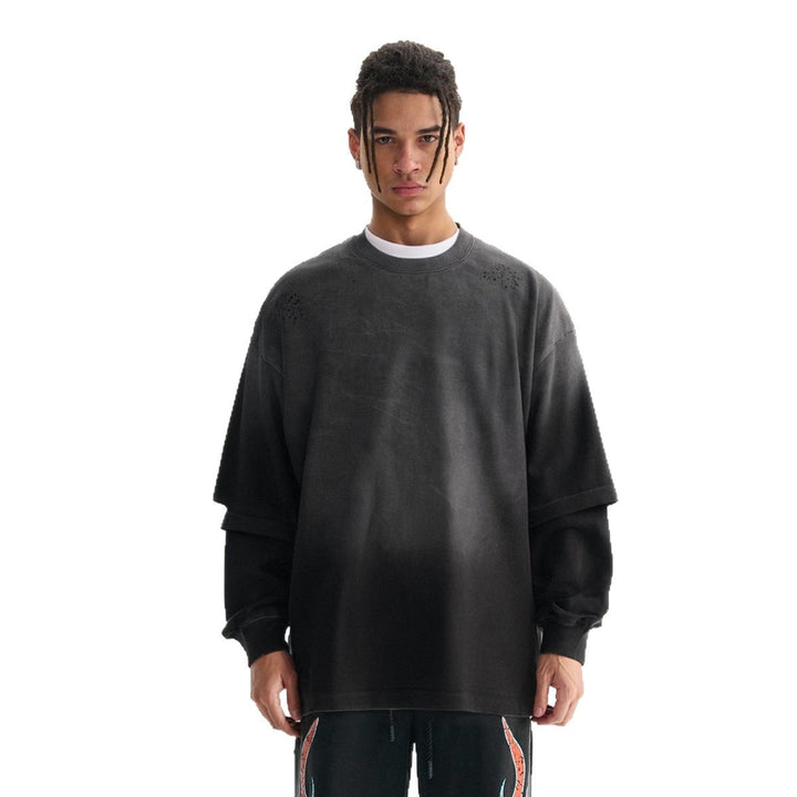 Herren Layered-Langarmshirt mit doppellagigen Ärmeln, verwaschener Vintage-Waschung und dezenten Ausfransungen Echo Archiv