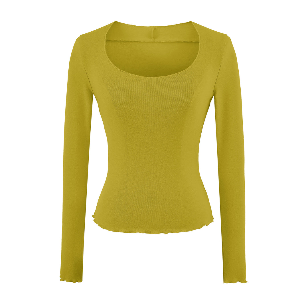 Damen Figurbetontes Langarm-Feinstrickshirt mit quadratischem Ausschnitt und Wellensaum Echoarchiv