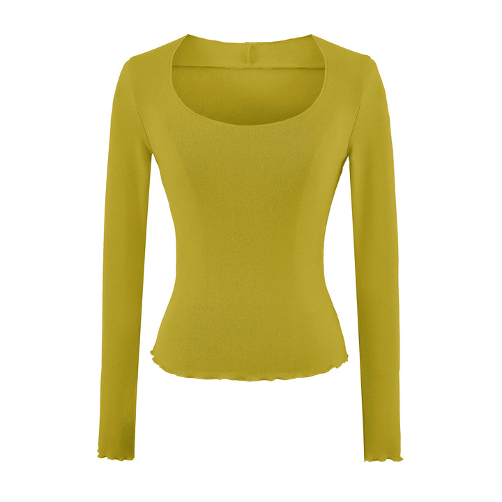 Damen Figurbetontes Langarm-Feinstrickshirt mit quadratischem Ausschnitt und Wellensaum Echoarchiv