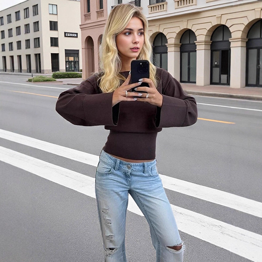 Damen Cropped Feinstrick-Pullover mit weiten Manschettenärmeln und tailliertem Rippbund Echoarchiv