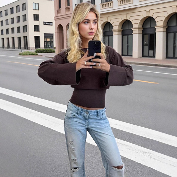 Damen Cropped Feinstrick-Pullover mit weiten Manschettenärmeln und tailliertem Rippbund Echoarchiv