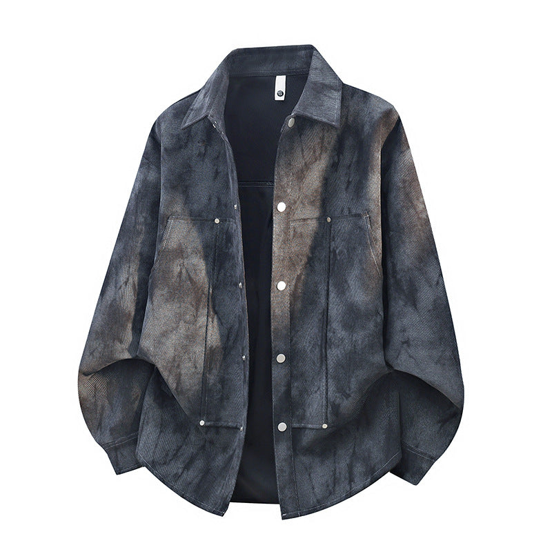 Herren Übergröße Canvas Shirtjacke mit Acid-Wash-Look, Druckknopfverschluss und aufgesetzten Fronttaschen – Taviero