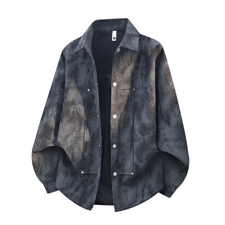 Herren Übergröße Canvas Shirtjacke mit Acid-Wash-Look, Druckknopfverschluss und aufgesetzten Fronttaschen – Taviero