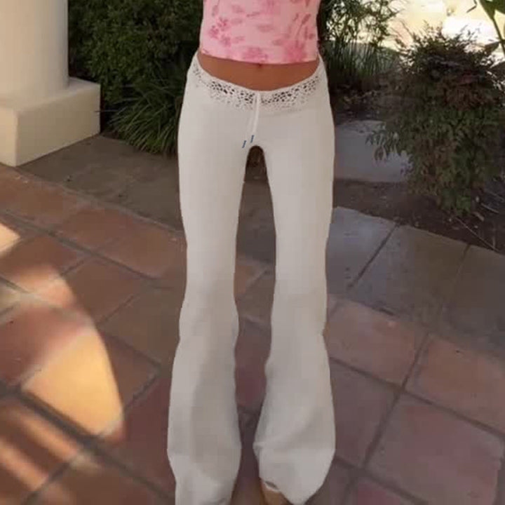 Damen lässige Flared-Loungehose mit verstellbarem Bund und Spitzenakzenten Echo Archiv