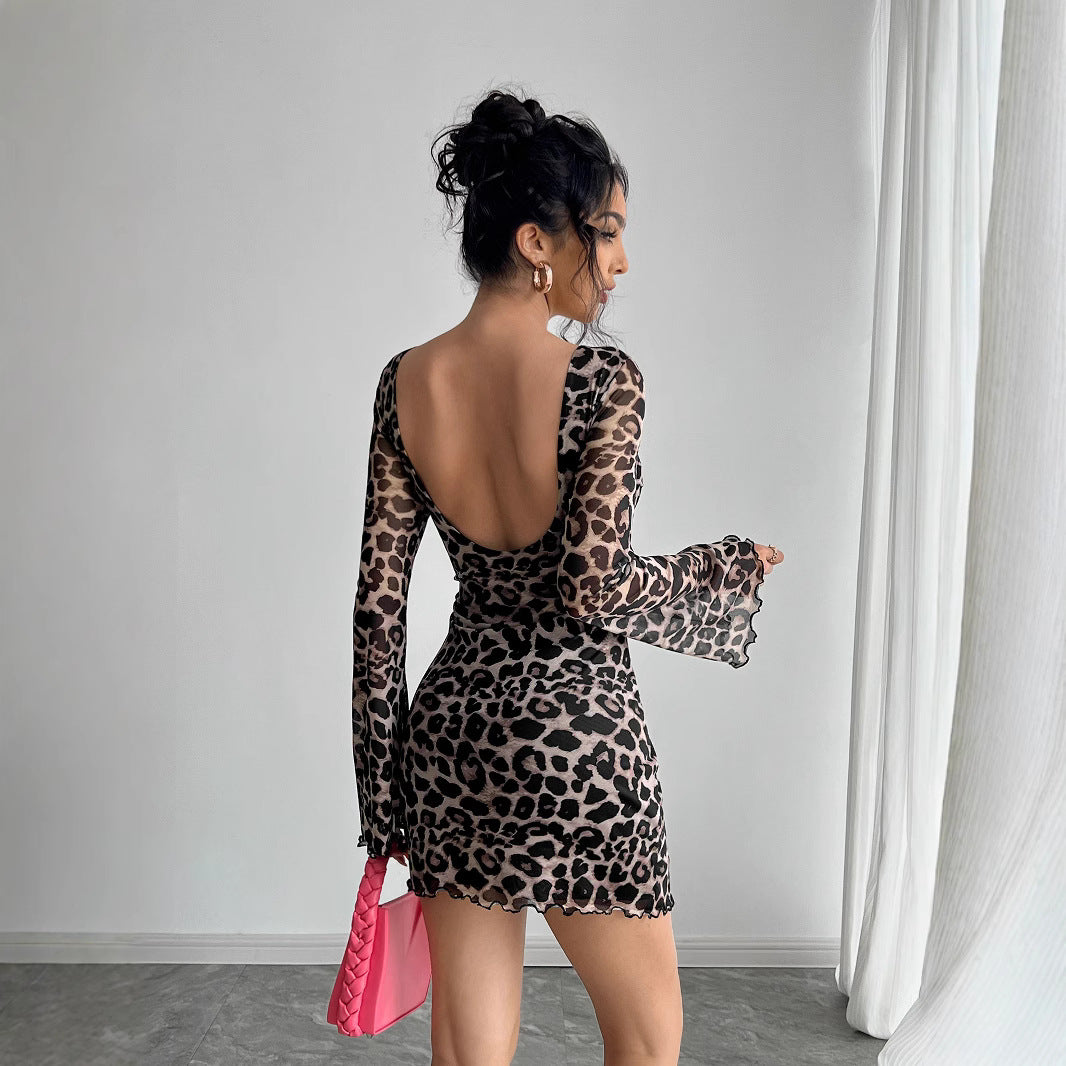 Damen nan figurbetontes transparentes Netz-Minikleid mit Leopardenmuster, U-Boot-Ausschnitt und welligem Saum Echo Archiv