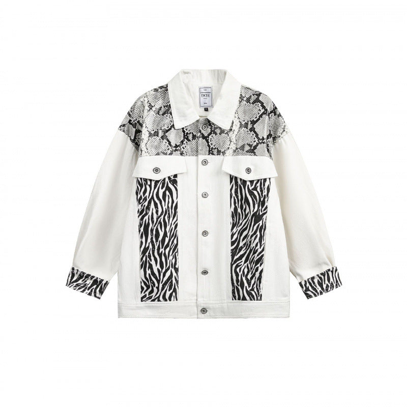 Damen Oversize-Jeansjacke im Patchwork-Tierprint mit Reverskragen und Pattentaschen Echo Archiv
