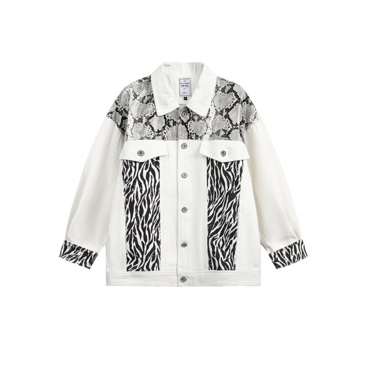 Damen Oversize-Jeansjacke im Patchwork-Tierprint mit Reverskragen und Pattentaschen Echo Archiv