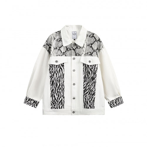 Damen Oversize-Jeansjacke im Patchwork-Tierprint mit Reverskragen und Pattentaschen Echo Archiv