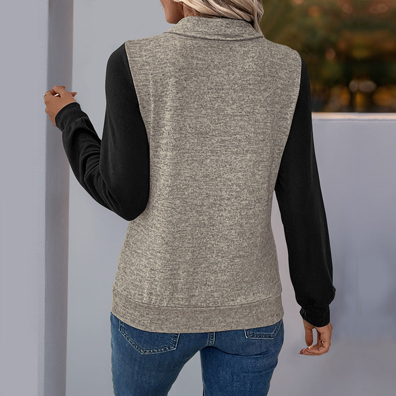 Damen Two‑Tone Langarmshirt mit Kontrastärmeln, Henley‑Knopfleiste und Brusttasche Echoarchiv