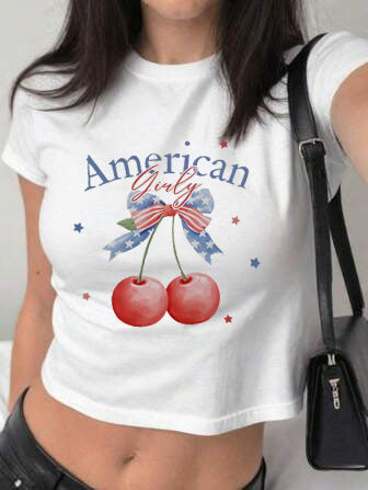 Damen figurbetontes Kurzarm-T-Shirt mit verspieltem Aufdruck Echo Archiv