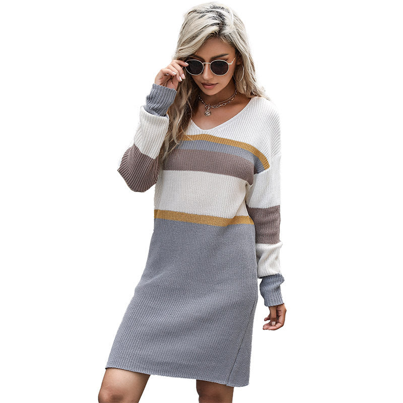 Damen Strickkleid Off-Shoulder mit Taillengürtel und Blockstreifen Echoarchiv