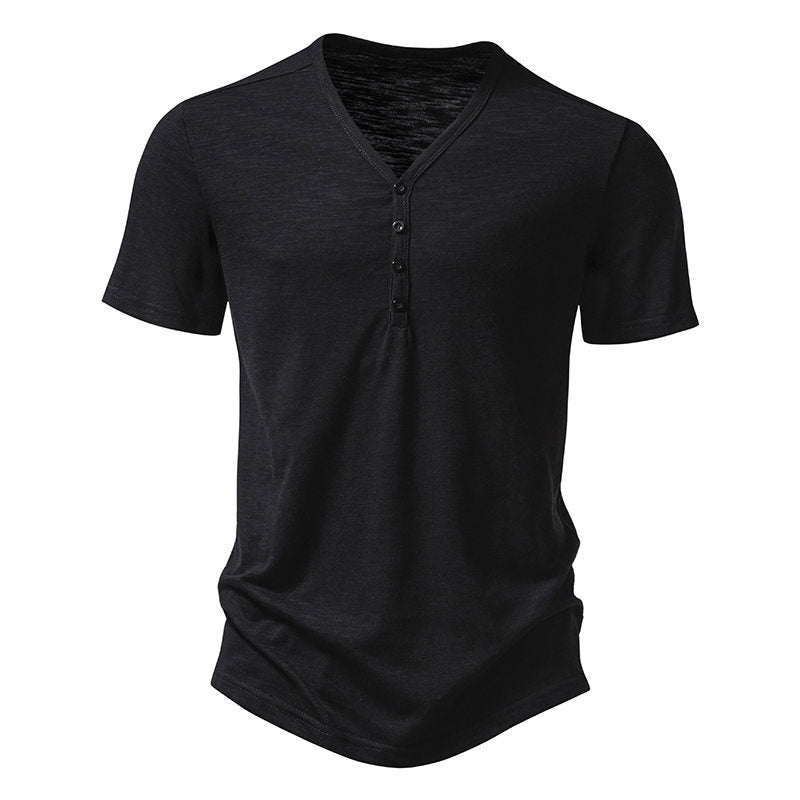 Herren Kurzarm-Henley-Shirt mit V-Ausschnitt und Knopfleiste Echoarchiv