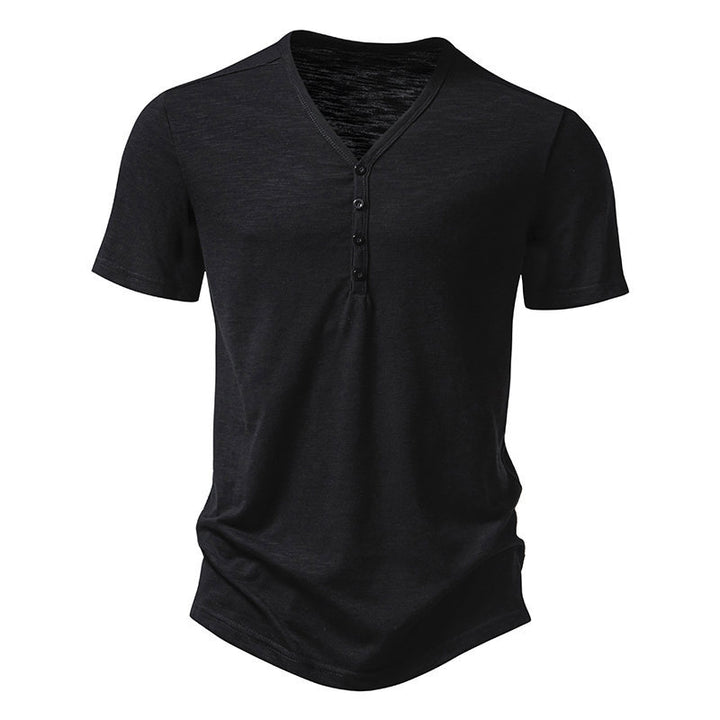 Herren Kurzarm-Henley-Shirt mit V-Ausschnitt und Knopfleiste Echoarchiv